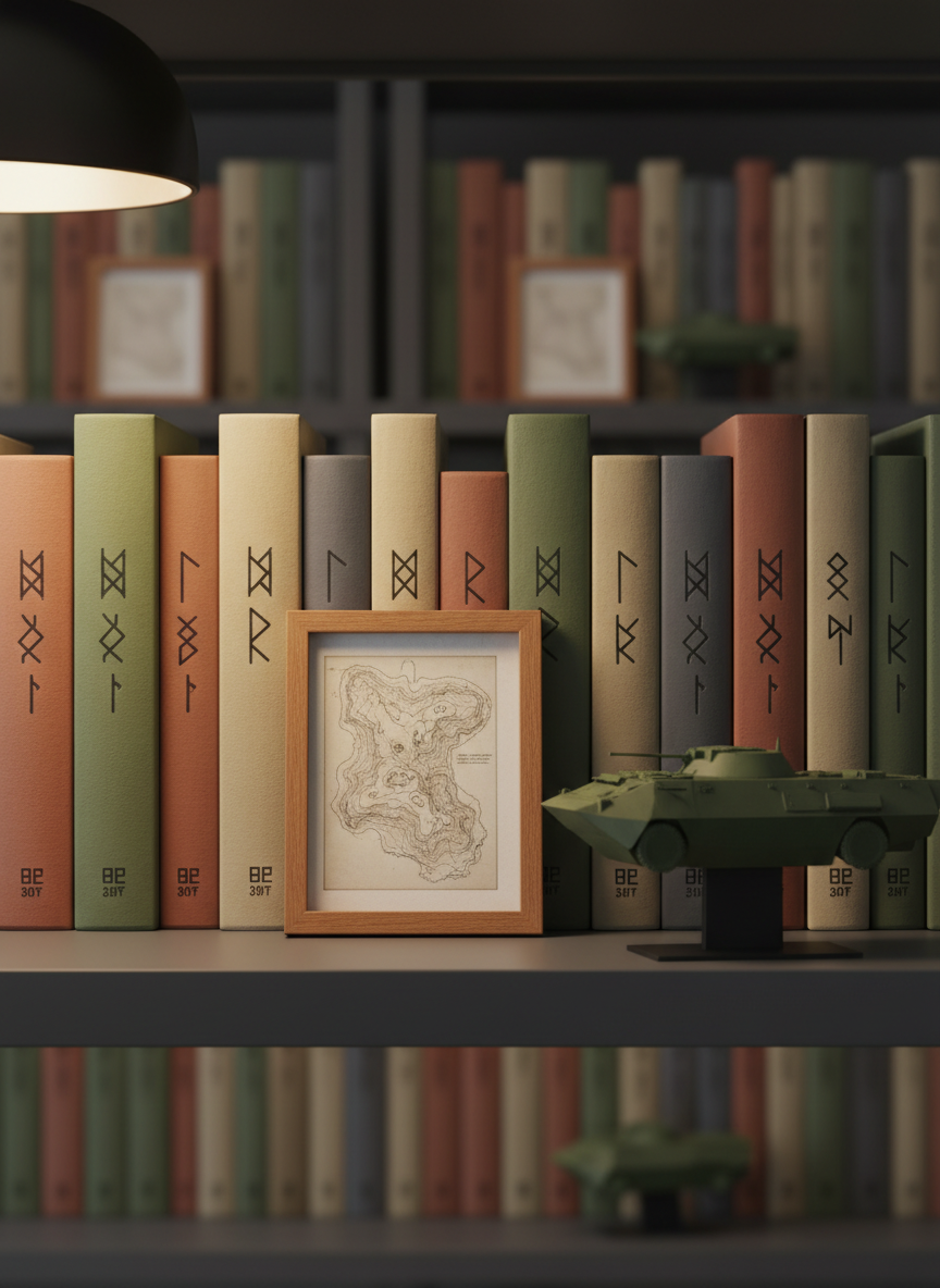 A close-up, photographic view of a carefully arranged shelf of non-branded military history and war studies volumes, their spines in muted earth tones with abstract symbols instead of text. Between the books rests a small, framed terrain sketch of a battlefield and a scale, unmarked model of a cold war-era armored vehicle in matte green. Soft, warm lamplight from the left creates gentle gradients across the book spines and a slight gleam on the model’s angular surfaces. Shot at eye level with a shallow depth of field, the foreground details are crisp while the background shelving blurs into understated tones. The mood is scholarly and authoritative, suggesting deep expertise in military history, geopolitics, and strategy, with a modern, professional aesthetic.